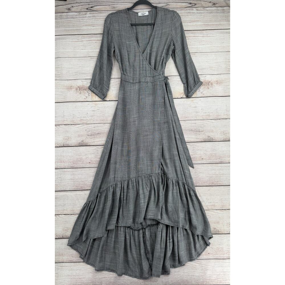 Carly Jean Los‎ Angeles Plaid Wrap Maxi Dress Womens Small Gray Black Side Tie